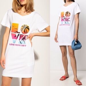 LOVE MOSCHINO White Cotton Palm Tree Print Crewneck T-Shirt Dress US 4